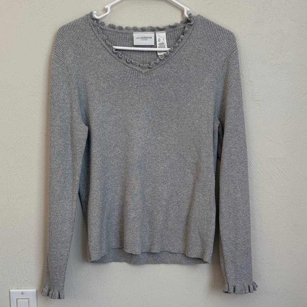 Gray V-Neck Sparkle Knit Sweater Women’s Size L